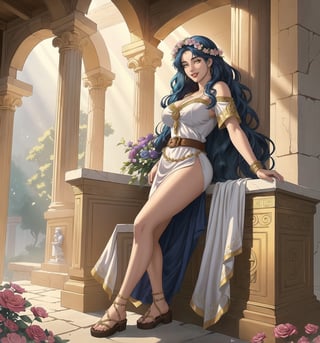 An ultra-detailed 16K masterpiece with classic and mythological styles, rendered in ultra-high resolution with stunning graphical detail. | Sofia, a 27-year-old woman, is dressed in a Greek woman's costume, consisting of a white linen tunic with gold details and a brown leather belt. She is also wearing brown leather sandals and a wreath of flowers and olive leaves in her blue hair. Her hair is long and wavy, falling gently over her shoulders. She has yellow eyes, looking at the viewer while smiling seductively, showing her teeth and wearing red lipstick. It is located in an ancient Greek temple, with structures of white marble, wood and rock. The scene is lit by sunlight, creating soft shadows on the walls. There are figurines of ancient gods scattered around the place, creating a welcoming and mystical atmosphere. | The image highlights Sofia's sensual figure and the architectural elements of the ancient Greek temple. The white marble, wood and rock structures, together with Sofia, the figurines and the flowers, create a mystical and seductive environment. Sunlight illuminates the scene, creating soft shadows and highlighting the details of the scene. | Soft, warm lighting effects create a sensual and mystical atmosphere, while detailed textures on Sofia's structures and clothing add realism to the image. | A sensual and mystical scene of a Greek woman in an ancient temple, fusing elements of classical and mythological art. | (((The image reveals a full-body shot as Sofia assumes a erotic pose, engagingly leaning against a structure within the scene in an exciting manner. She takes on a erotic pose as she interacts, boldly leaning on a structure, leaning back and boldly throwing herself onto the structure, reclining back in an exhilarating way.))). | ((((full-body shot)))), ((perfect pose)), ((perfect fingers, better hands, perfect hands)), ((perfect legs, perfect feet)), ((huge breasts)), ((perfect design)), ((perfect composition)), ((very detailed scene, very detailed background, perfect layout, correct imperfections)), More Detail, Enhance, ((solo))