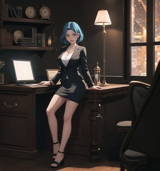 An ultra-detailed 4K fantasy-adventure masterpiece, rendered in ultra-high resolution with stunning graphical detail. | Sophia, a 35-year-old woman, is dressed in a lawyer's suit, consisting of a white blouse, black skirt and black jacket. She also wears a pearl necklace, pearl earrings, a gold bracelet, and a gold wristwatch. Her short blue hair is slicked back in a sleek, modern cut. Her red eyes are looking straight at the viewer, while she ((smiles and shows her teeth)), wearing bright red lipstick and war paint on her face. It is located in a law office, with wooden structures, a window showing the city at night, raining heavily, metal structures and a computer on the table. The light from the table lamp illuminates the room, creating a professional and focused atmosphere. | The image highlights Sophia's sensual and strong figure and the elements of the law office, creating an atmosphere of mystery and adventure. Dramatic lighting creates deep shadows and highlights details in the scene. | Soft, moody lighting effects create a relaxing and mysterious atmosphere, while rough, detailed textures on structures and decor add realism to the image. | A sensual and terrifying scene of a beautiful woman in a law office at night, fusing fantasy and adventure art elements. | (((The image reveals a full-body shot as Sophia assumes a sensual pose, engagingly leaning against a structure within the scene in an exciting manner. She takes on a sensual pose as she interacts, boldly leaning on a structure, leaning back and boldly throwing herself onto the structure, reclining back in an exhilarating way.))). | ((((full-body shot)))), ((perfect pose)), ((perfect limbs, perfect fingers, better hands, perfect hands))++, ((perfect legs, perfect feet))++, ((huge breasts)), ((perfect design)), ((perfect composition)), ((very detailed scene, very detailed background, perfect layout, correct imperfections)), Enhance++, Ultra details++, More Detail++