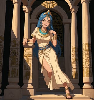 A masterpiece in 8K ultra-detailed resolution, combining the ancient Egyptian style with horror elements, rendered in ultra-high resolution with impressive details. | A 25-year-old woman wears an Egyptian outfit consisting of a white tunic with gold details, a long skirt with blue and gold stripes, a gold belt with scarab-shaped pendants, and gold sandals. She also wears a wide necklace with Eye of Horus pendants, gold bracelets with Egyptian engravings, and a gold tiara with a raised cobra on her forehead. Her blue hair is long and straight, with a side bang and a high hairstyle adorned with gold beads. Her yellow eyes are looking at the viewer while she smiles and shows her teeth. She is inside an Egyptian tomb, surrounded by hieroglyphs, statues of Egyptian gods, ancient sarcophagi, and hidden treasures. The atmosphere is mysterious and fascinating, with torchlight illuminating the tomb walls and creating dancing shadows. | The image highlights the beauty and mystery of the Egyptian woman, contrasting with the dark and scary tomb environment. The gold and blue details of the woman's outfit shine in the darkness, while the statues and hieroglyphs create a sense of antiquity and hidden secrets. The dramatic torchlight illuminates the scene's details and creates a tense and fearful atmosphere. | Soft and dark lighting effects create a mysterious and scary atmosphere, while detailed textures on the tomb walls, fabrics, and accessories add realism to the image. | A fascinating and terrifying scene of an Egyptian woman inside an ancient tomb, exploring themes of mystery, fear, and beauty. | (((((The image reveals a full-body shot of the character as she assumes a sensual pose. She enticingly leans, throws herself, and supports herself against a structure within the scene in an exciting manner. While leaning back, she takes on a sensual pose, boldly throwing herself onto the structure and reclining back in an exhilarating way.))))). | ((full-body shot)), ((perfect pose)), ((perfect fingers, better hands, perfect hands)), ((perfect legs, perfect feet)), ((huge breasts)), ((perfect design)), ((perfect composition)), ((very detailed scene, very detailed background, perfect layout, correct imperfections)), More Detail, Enhance,