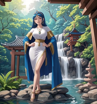 An ultra-detailed 4K masterpiece with fantastic style and water features. | A young priestess in her 20s, with long blue hair and glowing red eyes, stands in the middle of a temple at the waterfalls. She wears a water priestess costume, consisting of a white dress with blue details, a blue cloak and a silver tiara with a blue stone in the center. She also wears silver waterdrop earrings, a blue stone necklace, and a silver bracelet with blue accents. Her face shows a seductive and enigmatic expression as she looks at the viewer and ((smiles)), showing her white teeth and blue painted lips. | The image highlights the imposing figure of the priestess and the temple's architectural elements such as stone structures, wooden structures, statues of water gods, fountains and Zen gardens. The waterfalls and river surrounding the temple create a relaxing and mystical environment, while the natural lighting from the sun highlights the details of the scene. | Soft lighting effects and water reflections create an ethereal and seductive atmosphere, while detailed textures on fabrics and structures add realism to the image. | A mystical and seductive scene of a young water priestess in a temple at the waterfalls. | (((((The image reveals a full-body shot as she assumes a sensual pose, engagingly leaning against a structure within the scene in an exciting manner. She takes on a sensual pose as she interacts, boldly leaning on a structure, leaning back in an exciting way.))))). | ((full-body shot)), ((perfect pose)), ((perfect fingers, better hands, perfect hands)), ((perfect legs, perfect feet)), ((Big, huge breasts)), ((perfect design)), ((perfect composition)), ((very detailed scene, very detailed background, perfect layout, correct imperfections)), More Detail, Enhance