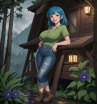 An ultra-detailed 16K masterpiece with macabre stylings fused with camper elements, rendered in ultra-high resolution with graphic detail. A young woman is dressed in a camper outfit, including a green short-sleeved shirt, jeans and mountain boots. She has short, straight blue hair with a big fringe that covers part of her bright red eyes. She has two long pansies with blue clips and is ((smiling, showing her white teeth)) wearing red lipstick. The rain hitting her wet outfit reveals her sensual curves as she explores the macabre forest during the stormy night. The image highlights the figure of the young woman and the wooden structures and tall trees of the camp around her. Intermittent lightning flashes illuminate the scene and create dramatic shadows, emphasising the details of the wet forest. Dramatic lighting effects and heavy rain create a sombre and tense atmosphere, while detailed textures in the costume and vegetation add realism to the image. A sensual and frightening scene of a young woman in the camp during a storm in the macabre forest. (((((The image reveals a full-body shot as she strikes a sensual pose, engagingly leaning against a structure within the scene in a thrilling manner. As she leans back, she assumes a sensual pose, leaning against the structure and reclining in an exciting way.))))). | ((full-body shot)), ((perfect pose)), ((perfect fingers, better hands, perfect hands)), ((perfect legs, perfect feet)), ((huge breasts)), ((perfect design)), ((perfect composition)), ((very detailed scene, very detailed background, perfect layout, correct imperfections)), More Detail, Enhance