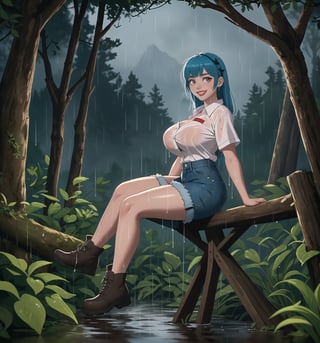 An ultra-detailed 16K masterpiece with macabre stylings fused with camper elements, rendered in ultra-high resolution with graphic detail. A young woman is dressed in a camper outfit, including a green short-sleeved shirt, jeans and mountain boots. She has short, straight blue hair with a big fringe that covers part of her bright red eyes. She has two long pansies with blue clips and is ((smiling, showing her white teeth)) wearing red lipstick. The rain hitting her wet outfit reveals her sensual curves as she explores the macabre forest during the stormy night. The image highlights the figure of the young woman and the wooden structures and tall trees of the camp around her. Intermittent lightning flashes illuminate the scene and create dramatic shadows, emphasising the details of the wet forest. Dramatic lighting effects and heavy rain create a sombre and tense atmosphere, while detailed textures in the costume and vegetation add realism to the image. A sensual and frightening scene of a young woman in the camp during a storm in the macabre forest. (((((The image reveals a full-body shot as she strikes a sensual pose, engagingly leaning against a structure within the scene in a thrilling manner. As she leans back, she assumes a sensual pose, leaning against the structure and reclining in an exciting way.))))). | ((full-body shot)), ((perfect pose)), ((perfect fingers, better hands, perfect hands)), ((perfect legs, perfect feet)), ((huge breasts)), ((perfect design)), ((perfect composition)), ((very detailed scene, very detailed background, perfect layout, correct imperfections)), More Detail, Enhance