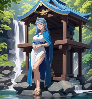 An ultra-detailed 4K masterpiece with fantastic style and water features. | A young priestess in her 20s, with long blue hair and glowing red eyes, stands in the middle of a temple at the waterfalls. She wears a water priestess costume, consisting of a white dress with blue details, a blue cloak and a silver tiara with a blue stone in the center. She also wears silver waterdrop earrings, a blue stone necklace, and a silver bracelet with blue accents. Her face shows a seductive and enigmatic expression as she looks at the viewer and ((smiles)), showing her white teeth and blue painted lips. | The image highlights the imposing figure of the priestess and the temple's architectural elements such as stone structures, wooden structures, statues of water gods, fountains and Zen gardens. The waterfalls and river surrounding the temple create a relaxing and mystical environment, while the natural lighting from the sun highlights the details of the scene. | Soft lighting effects and water reflections create an ethereal and seductive atmosphere, while detailed textures on fabrics and structures add realism to the image. | A mystical and seductive scene of a young water priestess in a temple at the waterfalls. | (((((The image reveals a full-body shot as she assumes a sensual pose, engagingly leaning against a structure within the scene in an exciting manner. She takes on a sensual pose as she interacts, boldly leaning on a structure, leaning back in an exciting way.))))). | ((full-body shot)), ((perfect pose)), ((perfect fingers, better hands, perfect hands)), ((perfect legs, perfect feet)), ((Big, huge breasts)), ((perfect design)), ((perfect composition)), ((very detailed scene, very detailed background, perfect layout, correct imperfections)), More Detail, Enhance