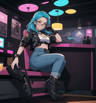 A masterpiece in 8K ultra-detailed resolution with Cyberpunk and Sci-Fi styles, rendered in ultra-high resolution with graphic details. | A young 23-year-old woman, wearing a black leather jacket with neon details, a white T-shirt, tight jeans, black leather boots and gloves, with a utility belt and augmented reality glasses. Her short blue hair, modern and stylish cut, with pink highlights, gently falls over her shoulders. Her yellow eyes look at the viewer with a ((seductive smile, showing her teeth)). | The image emphasizes the sensual figure of the woman in the middle of a modern bar with glass walls, metal furniture, neon lighting, holograms, and a dance floor. The electronic music plays loudly, creating a lively and energetic atmosphere. | Vibrant and colorful lighting effects create a futuristic and electrifying atmosphere, while detailed textures on the clothes and fabrics add realism to the image. | A sensual and futuristic scene of a young woman in a modern bar, exploring themes of seduction, technology, and energy. | (((((The image reveals a full-body shot of the character as she assumes a sensual pose. She enticingly leans, throws herself, and supports herself against a structure within the scene in an exciting manner. While leaning back, she takes on a sensual pose, boldly throwing herself onto the structure and reclining back in an exhilarating way.))))). | ((full-body shot)), ((perfect pose)), ((perfect fingers, better hands, perfect hands)), ((perfect legs, perfect feet)), ((huge breasts)), ((perfect design)), ((perfect composition)), ((very detailed scene, very detailed background, perfect layout, correct imperfections)), More Detail, Enhance