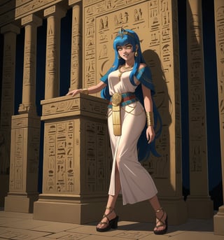 A masterpiece in 8K ultra-detailed resolution, combining the ancient Egyptian style with horror elements, rendered in ultra-high resolution with impressive details. | A 25-year-old woman wears an Egyptian outfit consisting of a white tunic with gold details, a long skirt with blue and gold stripes, a gold belt with scarab-shaped pendants, and gold sandals. She also wears a wide necklace with Eye of Horus pendants, gold bracelets with Egyptian engravings, and a gold tiara with a raised cobra on her forehead. Her blue hair is long and straight, with a side bang and a high hairstyle adorned with gold beads. Her yellow eyes are looking at the viewer while she smiles and shows her teeth. She is inside an Egyptian tomb, surrounded by hieroglyphs, statues of Egyptian gods, ancient sarcophagi, and hidden treasures. The atmosphere is mysterious and fascinating, with torchlight illuminating the tomb walls and creating dancing shadows. | The image highlights the beauty and mystery of the Egyptian woman, contrasting with the dark and scary tomb environment. The gold and blue details of the woman's outfit shine in the darkness, while the statues and hieroglyphs create a sense of antiquity and hidden secrets. The dramatic torchlight illuminates the scene's details and creates a tense and fearful atmosphere. | Soft and dark lighting effects create a mysterious and scary atmosphere, while detailed textures on the tomb walls, fabrics, and accessories add realism to the image. | A fascinating and terrifying scene of an Egyptian woman inside an ancient tomb, exploring themes of mystery, fear, and beauty. | (((((The image reveals a full-body shot of the character as she assumes a sensual pose. She enticingly leans, throws herself, and supports herself against a structure within the scene in an exciting manner. While leaning back, she takes on a sensual pose, boldly throwing herself onto the structure and reclining back in an exhilarating way.))))). | ((full-body shot)), ((perfect pose)), ((perfect fingers, better hands, perfect hands)), ((perfect legs, perfect feet)), ((huge breasts)), ((perfect design)), ((perfect composition)), ((very detailed scene, very detailed background, perfect layout, correct imperfections)), More Detail, Enhance,