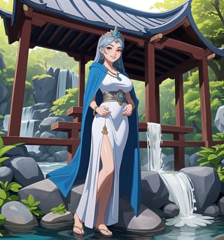 An ultra-detailed 4K masterpiece with fantastic style and water features. | A young priestess in her 20s, with long blue hair and glowing red eyes, stands in the middle of a temple at the waterfalls. She wears a water priestess costume, consisting of a white dress with blue details, a blue cloak and a silver tiara with a blue stone in the center. She also wears silver waterdrop earrings, a blue stone necklace, and a silver bracelet with blue accents. Her face shows a seductive and enigmatic expression as she looks at the viewer and ((smiles)), showing her white teeth and blue painted lips. | The image highlights the imposing figure of the priestess and the temple's architectural elements such as stone structures, wooden structures, statues of water gods, fountains and Zen gardens. The waterfalls and river surrounding the temple create a relaxing and mystical environment, while the natural lighting from the sun highlights the details of the scene. | Soft lighting effects and water reflections create an ethereal and seductive atmosphere, while detailed textures on fabrics and structures add realism to the image. | A mystical and seductive scene of a young water priestess in a temple at the waterfalls. | (((((The image reveals a full-body shot as she assumes a sensual pose, engagingly leaning against a structure within the scene in an exciting manner. She takes on a sensual pose as she interacts, boldly leaning on a structure, leaning back in an exciting way.))))). | ((full-body shot)), ((perfect pose)), ((perfect fingers, better hands, perfect hands)), ((perfect legs, perfect feet)), ((Big, huge breasts)), ((perfect design)), ((perfect composition)), ((very detailed scene, very detailed background, perfect layout, correct imperfections)), More Detail, Enhance