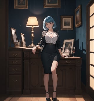 An ultra-detailed 4K fantasy-adventure masterpiece, rendered in ultra-high resolution with stunning graphical detail. | Sophia, a 35-year-old woman, is dressed in a lawyer's suit, consisting of a white blouse, black skirt and black jacket. She also wears a pearl necklace, pearl earrings, a gold bracelet, and a gold wristwatch. Her short blue hair is slicked back in a sleek, modern cut. Her red eyes are looking straight at the viewer, while she ((smiles and shows her teeth)), wearing bright red lipstick and war paint on her face. It is located in a law office, with wooden structures, a window showing the city at night, raining heavily, metal structures and a computer on the table. The light from the table lamp illuminates the room, creating a professional and focused atmosphere. | The image highlights Sophia's sensual and strong figure and the elements of the law office, creating an atmosphere of mystery and adventure. Dramatic lighting creates deep shadows and highlights details in the scene. | Soft, moody lighting effects create a relaxing and mysterious atmosphere, while rough, detailed textures on structures and decor add realism to the image. | A sensual and terrifying scene of a beautiful woman in a law office at night, fusing fantasy and adventure art elements. | (((The image reveals a full-body shot as Sophia assumes a sensual pose, engagingly leaning against a structure within the scene in an exciting manner. She takes on a sensual pose as she interacts, boldly leaning on a structure, leaning back and boldly throwing herself onto the structure, reclining back in an exhilarating way.))). | ((((full-body shot)))), ((perfect pose)), ((perfect limbs, perfect fingers, better hands, perfect hands))++, ((perfect legs, perfect feet))++, ((huge breasts)), ((perfect design)), ((perfect composition)), ((very detailed scene, very detailed background, perfect layout, correct imperfections)), Enhance++, Ultra details++, More Detail++