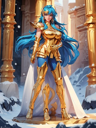 A woman, wearing gold armor, very tight and tight on the body, gigantic breasts, blue hair, short hair, straight hair, hair with bangs in front of the eyes, (helmet on the head), looking at the viewer, (((pose with interaction and leaning on [something|an object])), in an ancient temple with altars, pillars, lots of snow and ice, icy air, is night, ((full body):1.5), 16k, UHD, best possible quality, ultra detailed, best possible resolution, Unreal Engine 5, professional photography, well-detailed fingers, well-detailed hand, perfect_hands