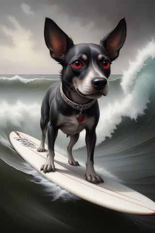red eyes, tongue, water, collar, no humans, animal, dog, realistic, waves, surfboard, in the style of esao andrews,<lora:659095807385103906:1.0>