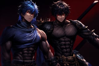 guy, boys, abs, clear shapes, solo male, Itadori, brown eyes, male, blue hair, dark king, black hair, red eyes, perfecteyes, strong man, broad shoulders, holding sword