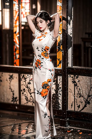 woman, stainedglass dress, colorful, dark background, flowery stainedglass armor, red stainedglass theme, exposure blend, medium shot, bokeh, (hdr:1.4), high contrast, (cinematic, white and orange), (muted colors, dim colors, soothing tones:1.3), low saturation,qipao, hands behind head, both hands behind head, fullbody, hands behind head,