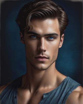 realistic potarait  of a person wearing a shirt, blue eyes,a , inspired by Charlie Bowater, , portrait of a victorian duke, gold and black blue, jacen solo, cassandra cain in satin, young spanish man, of a shirtless, photorealistic d - intricated background. signature,image,  Charlie Bowater, & a dark, sk, build body, muscles grainy cinematic, godlyphoto r3al, detailmaster2, aesthetic portrait, cinematic colors, earthy, moody 