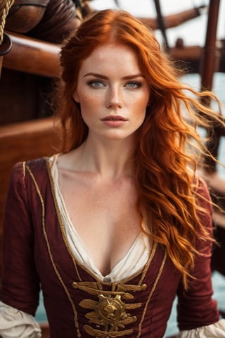 create a full body portrait of abeautiful redhead pirate woman , ((hazel green eyes)) fade freckles , she's on a ship , wearing pirate attire, pirate woman detailed,photo r3al,Movie Still,Film Still,Cinematic,Qftan,aesthetic portrait,sexy,  perfect body 