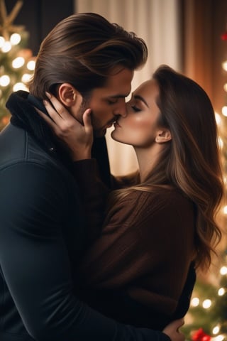 rae realistic cinematic potrait of a beautiful young woman with long cinnamon brown hair, blue eyes in brown sweater kissing a handsome strong man with dark hair , tanned skin,wearing black jacket, kissing her holding her romantically, Christmas decorations background,
 cinematic , comfy room Christmas tree background portrait, (beautiful) , realistic - n 9, artist unknown, ann stokes, cinemtic look, grainy cinematic,  godlyphoto r3al, detailmaster2, aesthetic portrait, cinematic colors, earthy, moodygrainy cinematic, godlyphoto r3al, detailmaster2, aesthetic portrait, cinematic colors, earthy, moody grainy cinematic, godlyphoto r3al, detailmaster2, aesthetic portrait, cinematic colors, earthy, 