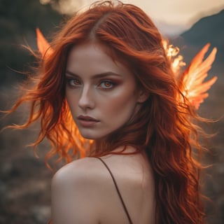 raw realistic potarait of  beautiful red head woman with red fire wings,red long wavy, amber eyes,hair cinematic look , grainy cinematic,  godlyphoto r3al,detailmaster2,aesthetic portrait, cinematic colors, earthy , moody,  