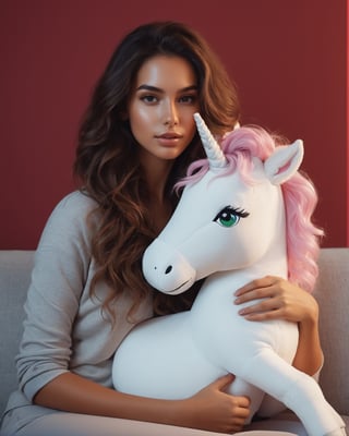 of a young tanned skin woman, curly long hair, long hair , sharp , green  eyes smooth skin,, perfect ,in comfy clothes,((((( hugging mini a stuffed unicorn toy in her lap ,))))) sitting cutely on sofa , comfortable cute,beautiful face,room background,body,young clarity of her eyes digital painting,in red  room background, by Alexander Kanoldt, Artstation, cinematic  portrait, (beautiful) girl, big cheekbones,  painting of sexy, doodle, diego dayer, with round face, realistic - n 9, artist unknown, ann stokes, cute adorable, sharpie, cinemtic look, grainy cinematic, fantasy vibes godlyphoto r3al, detailmaster2, aesthetic portrait, cinematic colors, earthy, moodygrainy cinematic, godlyphoto r3al, detailmaster2, aesthetic portrait, cinematic colors, earthy, moody 