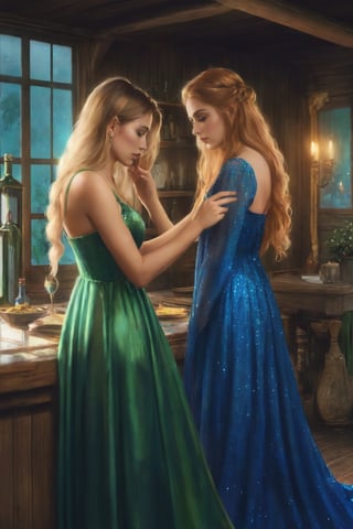 raw realistic cinematic potrait of two beautiful girl, with long golden hair,, best friend applying eyeshadow on her eyes,, beautiful face, perfect anatomy detailed face, beautiful perfect body,one hand around her, wearing,one girl is wearing blue shimmery fantasy gown, and one girl is wearing green gown,((((cottaroom background))) cottage bar,grainy cinematic, godlyphoto r3al, detailmaster2, aesthetic portrait, cinematic colors, earthy, moody