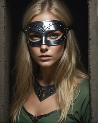 half body potarait of Caucasian beautiful girl,blonde hair,long hair, sharp ,,in a dungeon cell,in tunic , green eyes visible through metal mask on her whole face, face traskin,, perfect dark dungeon cell background, ,cinematic  portrait, (beautiful)girl   painting of sexy, diego dayer, with round face, realistic - n 9, artist unknown, ann stokes, cute adorable, sharpie, cinemtic look, (((((((grainy cinematic, fantasy vibes godlyphoto r3al, detailmaster2, aesthetic portrait, cinematic colors, earthy, moodygrainy cinematic, godlyphoto r3al, detailmaster2, aesthetic portrait, cinematic colors, earthy, moody )))))))