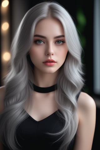 taw realistic cinematic potrait of beautiful woman with green eyes, silver long hair, beautiful round face, fuller pouty lips,voluminous hair, beautifu wearing black string dress ,, ((skin pores detailed)(dark room background,grainy cinematic, godlyphoto r3al, detailmaster2, aesthetic portrait, cinematic colors, earthy, ,<lora:659095807385103906:1.0>