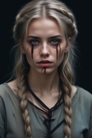 raw realistic cinematic horrible potrait on a blonde girl, with blue eyes, long dirty hair, wearing very old dirty tunic,(((her mouth sewen shut with thick black stitches, ((((
Thick ropes of black thread loosen across her mouth and up to her cheeks. It appears as if the wound is rotting, the flesh around it blackened and decayed)))))) dark creepy cell background,grainy cinematic, godlyphoto r3al, detailmaster2, aesthetic portrait, cinematic colors, earthy, moody,<lora:659095807385103906:1.0>
