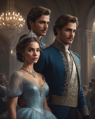 a man and a woman standing next to each other, concept art, by Charlie Bowater, sots art, cinderella, jade tiara and necklace, private moment, alejandro burdisio art, thumbnail, royal wedding, f/9, face detailing, promotional artwork, commission for, olivia culpo as milady de winter, on cg society, card art, showcasegrainy cinematic, godlyphoto r3al, detailmaster2, aesthetic portrait, cinematic colors, earthy, moody 