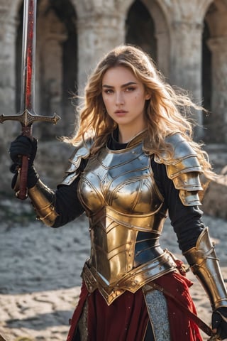 Medieval army with javelin running. armor girl fight. beautiful faces , brown eyes,, long golden blonde wavy hair. wearing warrior armor holding a sword in hand, blood splash on her , blood all over her,war in background 