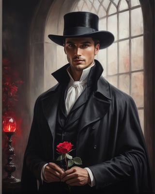 high waist oil painting potarait of handsome magician in black magician coat and black hat, holding a red rose in hand,dark brown eyes, (((clean shaven))))),character portrait, , wearing white shirt,(((((( tinted glass design background)))))) tinted glass window background,,inspired by Charlie Bowater, & a dark, sk, build body, muscles grainy cinematic, godlyphoto r3al, detailmaster2, aesthetic portrait, cinematic colors, earthy, moody 