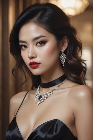 raw realistic cinematic potrait of raw realistic cinematic potarait of beautiful  rich sophisticated Asian girl in black silk cocktail dress , simple diamond choker,,black Long hair,beautiful  brown  eyes, sophisticated woman,beautiful perfect oval  face, plump lips,red lipstick,rich , long silky voluminous black hair,perfect anatomy, seductive,rich Manor hallway golen white marble background,,background,beautiful perfect face, perfect body,, perfect beautiful face grainy cinematic, godlyphoto r3al, detailmaster2, aesthetic portrait, cinematic colors, earthy, moody seductive,extremely beautiful perfect anatomy, by Alexander Kanoldt, Artstation, cinematic  portrait, (beautiful) girl, big cheekbones,  painting of sexy, doodle, diego dayer, with round face, realistic - n 9, artist unknown, ann stokes, cute adorable, sharpie, cinemtic look, grainy cinematic, fantasy vibes godlyphoto r3al, detailmaster2, aesthetic portrait, cinematic colors, earthy, moodygrainy cinematic, godlyphoto r3al, detailmaster2, aesthetic portrait, cinematic colors, earthy, moody ,more detail XL