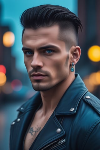 raw realistic half body potarait of  handsome muscular man very long straight dark hair one side shaved, half shaved head,, strong muscule, strong jaw ,with  ((((blue eyes))) black leather jacket,dominating ,personality savage,((punk style )) ((((multiple ear piercing)))))) smirking , neon city background,grainy cinematic, godlyphoto r3al, detailmaster2, aesthetic portrait, cinematic colors, earthy, moody, serious looking,, perfect jaw, perfect face
sculpted face, perfect features musculer,background grainy cinematic,  godlyphoto r3al,detailmaster2,aesthetic portrait, cinematic colors, earthy , moody,  look , grainy cinematic, fantasy vibes  godlyphoto r3al,detailmaster2,aesthetic portrait, cinematic colors, earthy , moody,  ,Movie Stillgrainy cinematic, godlyphoto r3al, detailmaster2, aesthetic portrait, cinematic colors, earthy, moody,<lora:659095807385103906:1.0>