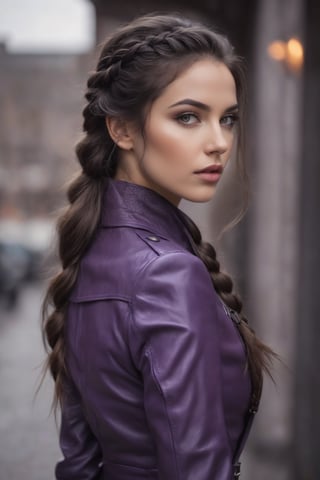 beautiful realistic potaraitof a beautiful woman,  skin, beautiful (( grey eyes )))))) long dark brown hair in braid
, wearing purple fitted leather suit ,beautiful perfect face, perfect body,, perfect beautiful face grainy cinematic, godlyphoto r3al, detailmaster2, aesthetic portrait, cinematic colors, earthy, moody