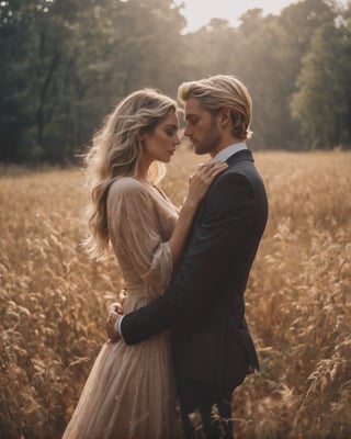 beautiful couple romantic pose, blonde man and brunette woman, sophisticated rich couple, romantic look , grainy cinematic, fantasy vibes  godlyphoto r3al,detailmaster2,aesthetic portrait, cinematic colors, earthy , moody,  
