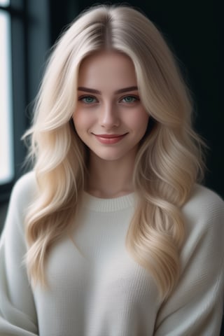 taw realistic cinematic potrait of beautiful girl with green eyes, white blonde long hair, voluminous hair, beautiful face, inocent look(smiling), wearing cream sweater, dark room background,grainy cinematic, godlyphoto r3al, detailmaster2, aesthetic portrait, cinematic colors, earthy, moody,<lora:659095807385103906:1.0>