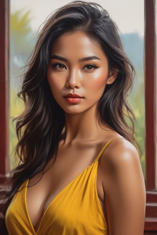 half body painting of a young beautiful cute Asian woman, black  hair, long hair , sharp , dark brown eyes smooth skin,, perfect ,in yellow summer dress, beautiful face,room background, standing beside Large Glass window,body,young clarity of her eyes digital painting,in red  room background, by Alexander Kanoldt, Artstation, cinematic  portrait, (beautiful) girl, big cheekbones,  painting of sexy, doodle, diego dayer, with round face, realistic - n 9, artist unknown, ann stokes, cute adorable, sharpie, cinemtic look, grainy cinematic, fantasy vibes godlyphoto r3al, detailmaster2, aesthetic portrait, cinematic colors, earthy, moodygrainy cinematic, godlyphoto r3al, detailmaster2, aesthetic portrait, cinematic colors, earthy, moody 