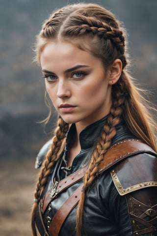 Medieval . warrior girl in leather fighting clothes. beautiful faces , grey eyes,, long golden brown hair in one  simple braid wearing warrior leathers  in background grainy cinematic,  godlyphoto r3al,detailmaster2,aesthetic portrait, cinematic colors, earthy , moody,  