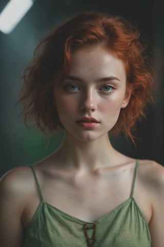 raw realistic potarait of beautiful girlA short, petite frame. Hair so red and wavy falling just past her shoulders, surrounding a circular face with softness, light freckles on her nose, naturally arched red eyebrows over bright green eyes that looked almost blue in some lights., indoor background 
grainy cinematic,  godlyphoto r3al,detailmaster2,aesthetic portrait, cinematic colors, earthy , moody,  look , grainy cinematic, fantasy vibes  godlyphoto r3al,detailmaster2,aesthetic portrait, cinematic colors, earthy , moody,  