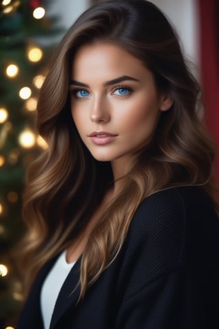 rae realistic cinematic potrait of a beautiful girl, blue eyes,with long golden brown hair, in brown sweater  a handsome strong man with dark hair , tanned skin,wearing black jacket in his hand,holding her romantically, Christmas decorations background,
 cinematic , comfy room Christmas tree background portrait, (beautiful) , realistic - n 9, artist unknown, ann stokes, cinemtic look, grainy cinematic,  godlyphoto r3al, detailmaster2, aesthetic portrait, cinematic colors, earthy, moodygrainy cinematic, godlyphoto r3al, detailmaster2, aesthetic portrait, cinematic colors, earthy, moody grainy cinematic, godlyphoto r3al, detailmaster2, aesthetic portrait, cinematic colors, earthy, 