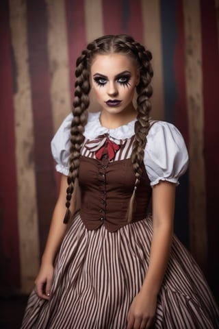 photography, a beautiful young woman, brown eyes,wearing a doll dress,dark brown braided braids, , wearing broken doll makeup, inocent eyes, beautiful and horror circus doll ,, carnival backdrop 