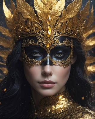 a close up of a person in a body of water, inspired by Yoann Lossel, cg society contest winner, fantasy art, elaborate lights. mask on face, gold leaves, portrait of emily blunt as queen, artgerm and ilya kuvshinov, black and gold rich color, masqua, render of mirabel madrigal, symbiote, marvel concept art