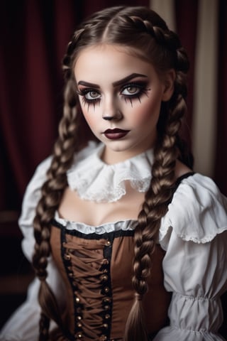 photography, a beautiful girl, brown eyes,wearing a doll dress,long dark brown braided braids, , wearing  simple horror broken doll makeup, inocent eyes, beautiful and creepy, circus doll ,