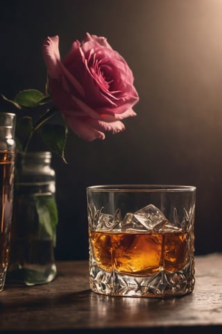 raw realistica photo of a scene of a glass of whisky, a rose grainy cinematic,  godlyphoto r3al,detailmaster2,aesthetic portrait, cinematic colors, earthy , moody,  look , grainy cinematic, fantasy vibes  godlyphoto r3al,detailmaster2,aesthetic portrait, cinematic colors, earthy , moody,  