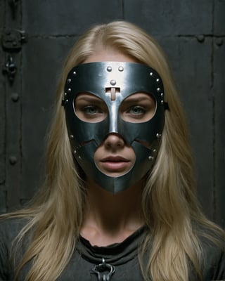 half body potarait of Caucasian beautiful girl,blonde hair,long hair, sharp ,,in a dungeon cell,in tunic , green eyes visible through metal mask on her whole face, face , whole face in a steel mask,askin,, perfect dark dungeon cell background, ,cinematic  , realistic - n 9, artist unknown, ann stokes,sad and dark,sharpie, cinemtic look, (((((((grainy cinematic, fantasy vibes godlyphoto r3al, detailmaster2, aesthetic portrait, cinematic colors, earthy, moodygrainy cinematic, godlyphoto r3al, detailmaster2, aesthetic portrait, cinematic colors, earthy, moody )))))))