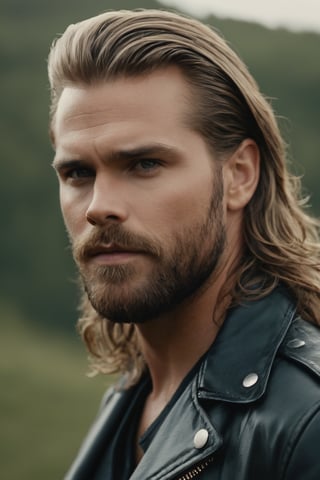 a man with long hair wearing a leather jacket, by Aaron Miller, very attractive man with beard, buff man, teaser, avatar image, sachucci 9 5, homelander, greg olsen, 2019 trending photo, brown hair flow, detailed –n 9, gorgeous female, ( 3 1, wax, male character, voluptuous male grainy cinematic, godlyphoto r3al, detailmaster2, aesthetic portrait, cinematic colors, earthy, moody 