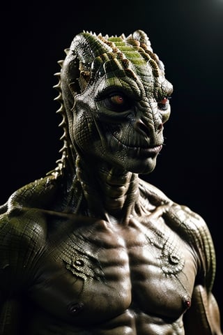 hyper realistic photography, 8k, reptilian serpentine faced man, tall, muscular,  piercing gaze, detailed skin, camouflaged skin, classic character, stylized, realistic 3d, high resolution, detailed, intricate details, subsurface scattering, global illumination, cinematic lighting, expression evil, creepy, scary, horror, dark, sinister,