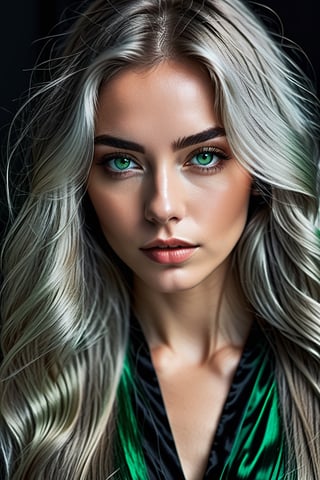 taw realistic cinematic potrait of beautiful woman with green eyes, silver  long hair, voluminous hair, beautifu wearing black string dress ,, dark room background,grainy cinematic, godlyphoto r3al, detailmaster2, aesthetic portrait, cinematic colors, earthy, moody,<lora:659095807385103906:1.0>