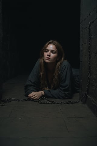 a sad zoom out  oil painting of a girl lying on floor, in dark dirty dungeon cell in dirty tunic,, dirty clothes, in chains ,golden brown hair,dark cinemtic, depressed,sad, cinemtic look, grainy cinematic,  godlyphoto r3al, detailmaster2, aesthetic portrait, cinematic colors, earthy, moodygrainy cinematic, godlyphoto r3al, detailmaster2, aesthetic portrait, cinematic colors, earthy, moody 