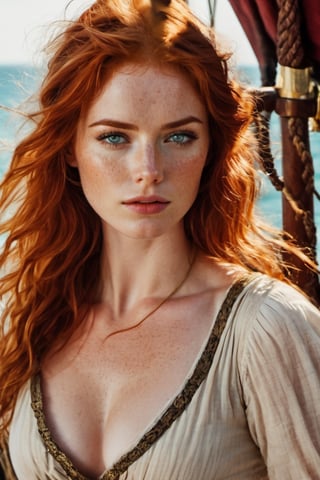 a beautiful redhead pirate woman , hazel green eyes, fade freckles , she's on a ship detailed,photo r3al,Movie Still,Film Still,Cinematic,Qftan,aesthetic portrait,sexy,  perfect body 