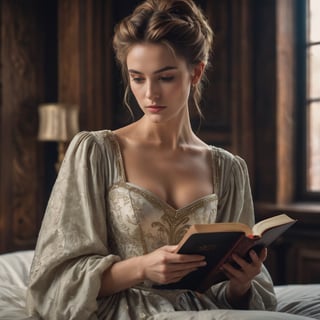 A portrait of a young woman cover of  fantasy book a  woman golden brown hair in a sophisticated  updo style high cheekbones, sharp jawline,grey eyes in a cream color dress the bodice and sleeves (((((she's reading a book  name ((smutt)))in her room in bed,dimly lit room cozy room wooden interior,  )))))  medieval times,,dark background dramatic lighting, ultra detailed, masterpiece, 8k.cinemtic look , grainy cinematic, fantasy vibes  godlyphoto r3al,detailmaster2,aesthetic portrait, cinematic colors, earthy , moody,  