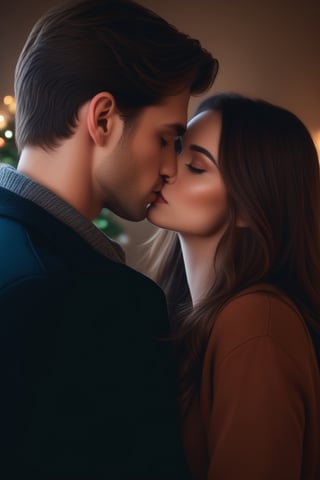 rae realistic cinematic potrait of a beautiful young woman with long cinnamon brown hair, blue eyes in brown sweater kissing a handsome strong man with dark hair , tanned skin,wearing black jacket, kissing her holding her romantically, Christmas decorations background,
 cinematic , comfy room Christmas tree background portrait, (beautiful) , realistic - n 9, artist unknown, ann stokes, cinemtic look, grainy cinematic,  godlyphoto r3al, detailmaster2, aesthetic portrait, cinematic colors, earthy, moodygrainy cinematic, godlyphoto r3al, detailmaster2, aesthetic portrait, cinematic colors, earthy, moody grainy cinematic, godlyphoto r3al, detailmaster2, aesthetic portrait, cinematic colors, earthy, ,<lora:659095807385103906:1.0>