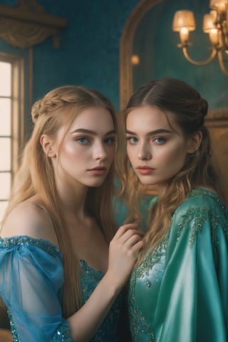 raw realistic cinematic potrait of two beautiful girl, with long golden hair,, best friend applying eyeshadow on her eyes,, beautiful face, perfect anatomy detailed face, beautiful perfect body,one hand around her, wearing,one girl is wearing blue shimmery fantasy gown, and one girl is wearing green gown,((((cottaroom background))) cottage bar,grainy cinematic, godlyphoto r3al, detailmaster2, aesthetic portrait, cinematic colors, earthy, moody