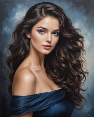 high waist oil painting potarait of raw realistic potarait of beautiful young woman, beautiful round face, in black off shoulder elegant dress (((rich sophisticated elegant woman, (( hourglass body))beautiful face with, blue eyes, beautiful dark brown wavy hair, , standing elegantly smooth skin, extremely beautiful, hair seductively, cinemtic look, grainy cinematic, fantasy vibes godlyphoto r3al, detailmaster2, aesthetic portrait, cinematic colors, earthy, moodygrainy cinematic, godlyphoto r3al, detailmaster2, aesthetic portrait, cinematic colors, earthy, moody 